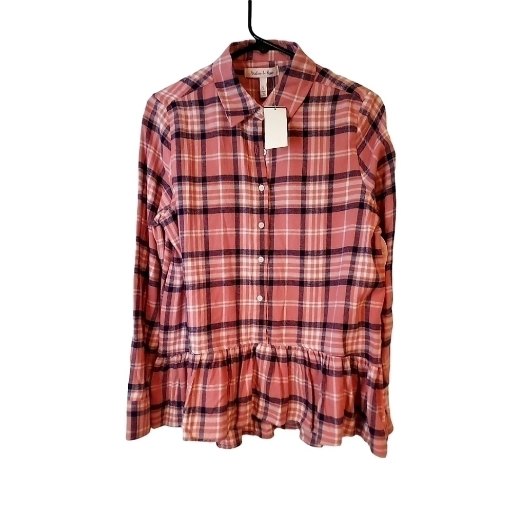 𝅺NWT Harlow & Rose Sherpa flannel pink plaid button exaggerated ruffle sh… - Picture 2 of 11